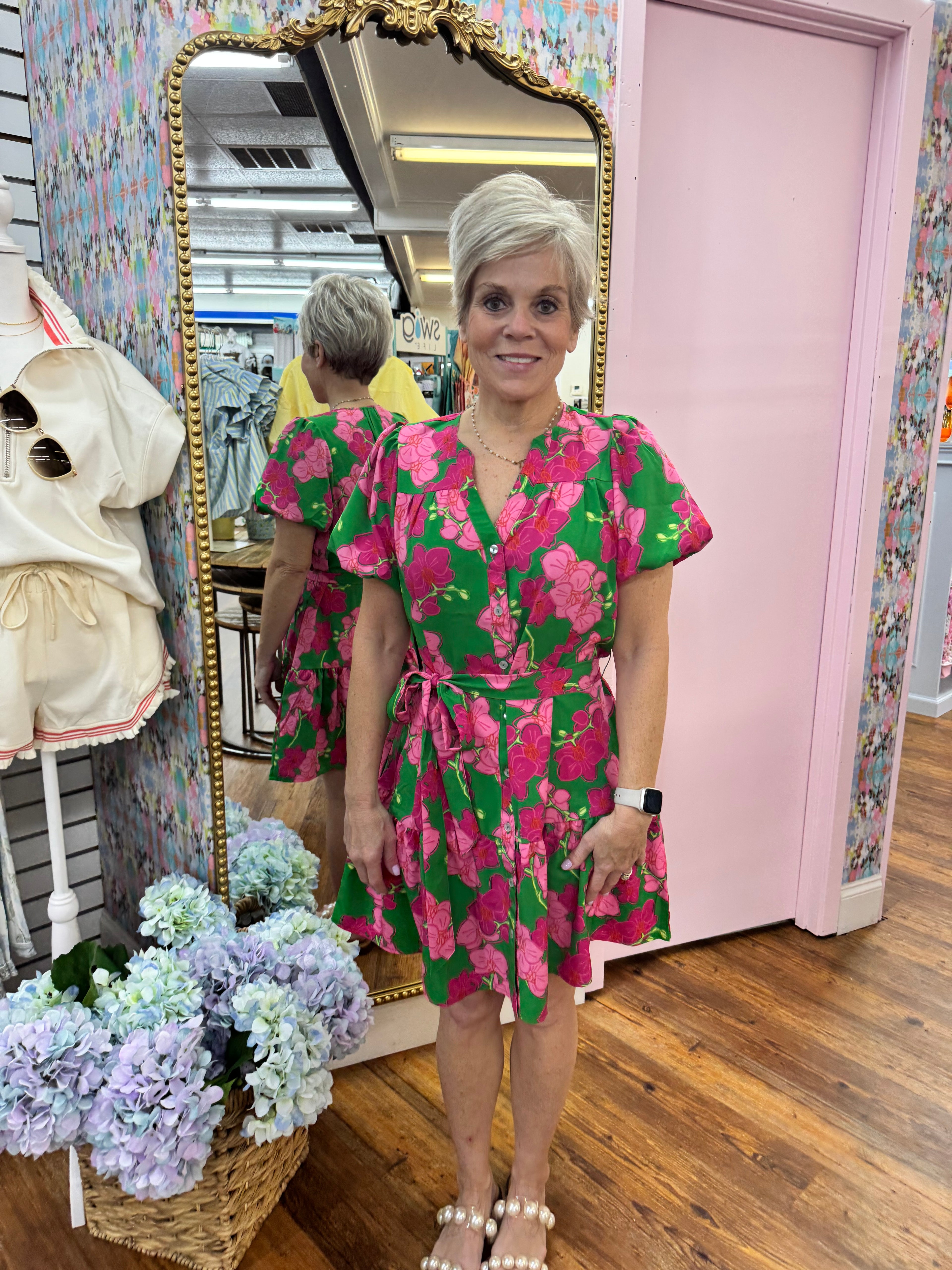Green & pink floral dress
