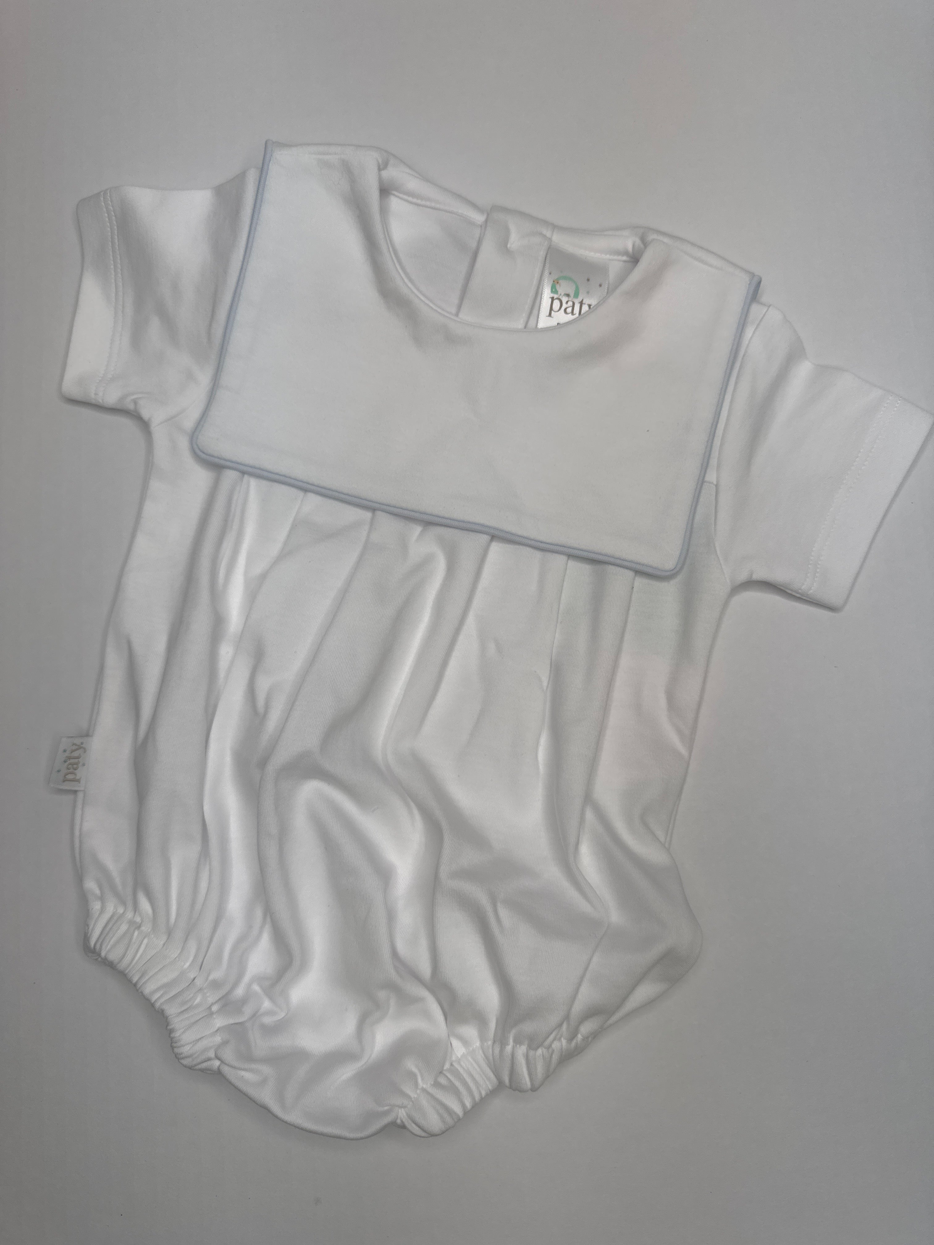 Paty white collared bubble with blue trim - MONOGRAM INCLUDED