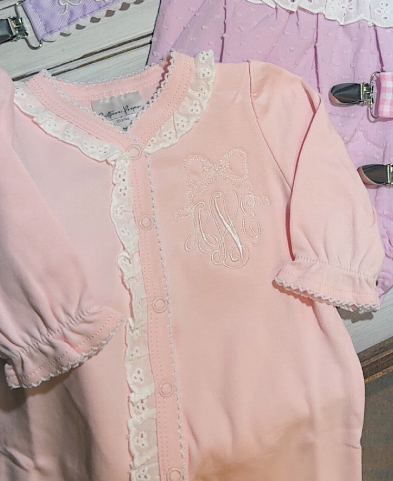 Pink lace footie- monogram included