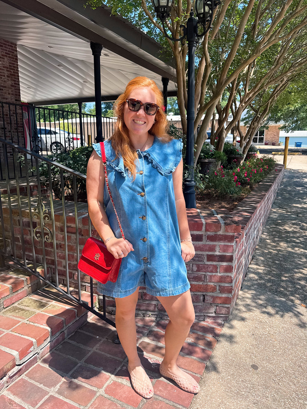 Ruffle denim romper