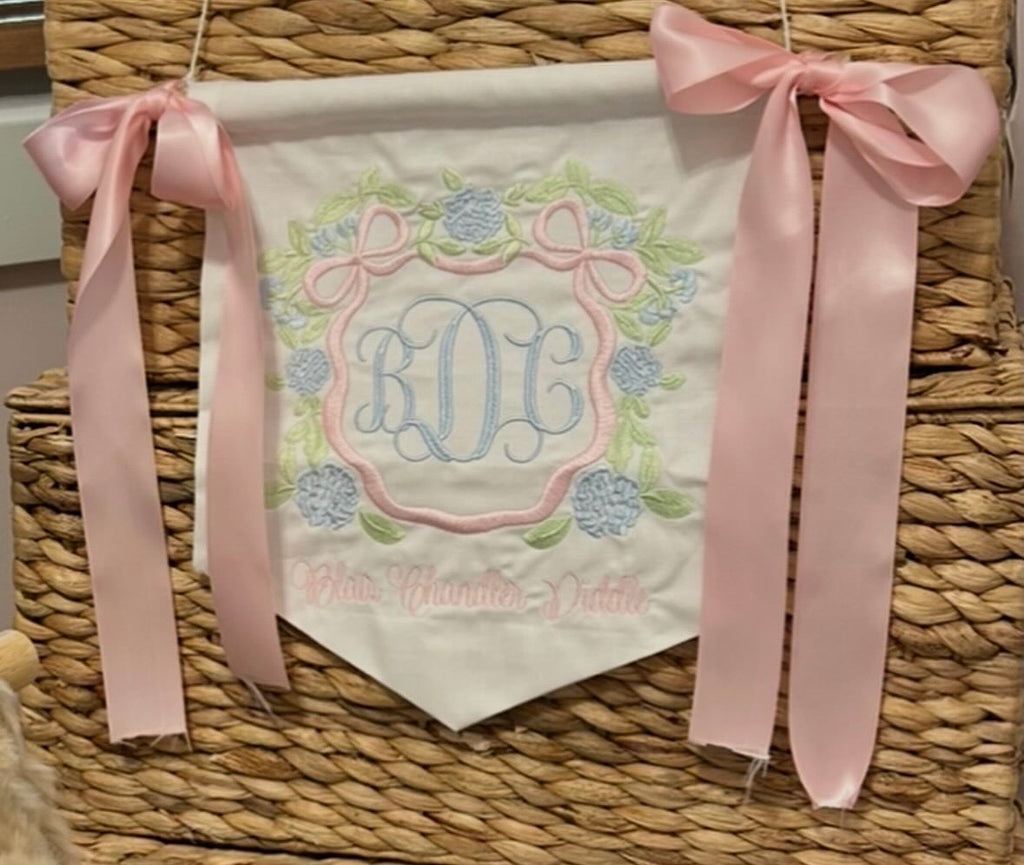 Personalized plain white baby banner with colored ribbon bow