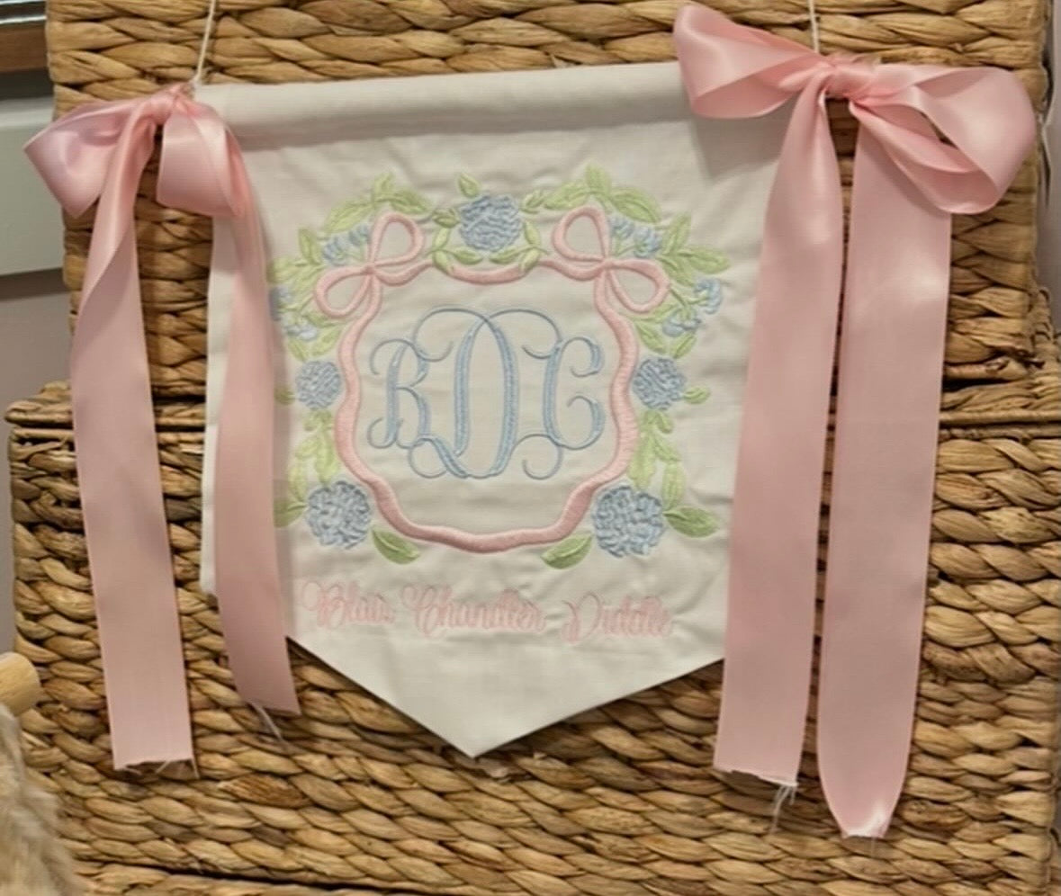 Personalized plain white baby banner with colored ribbon bow
