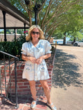 Blue floral white dress