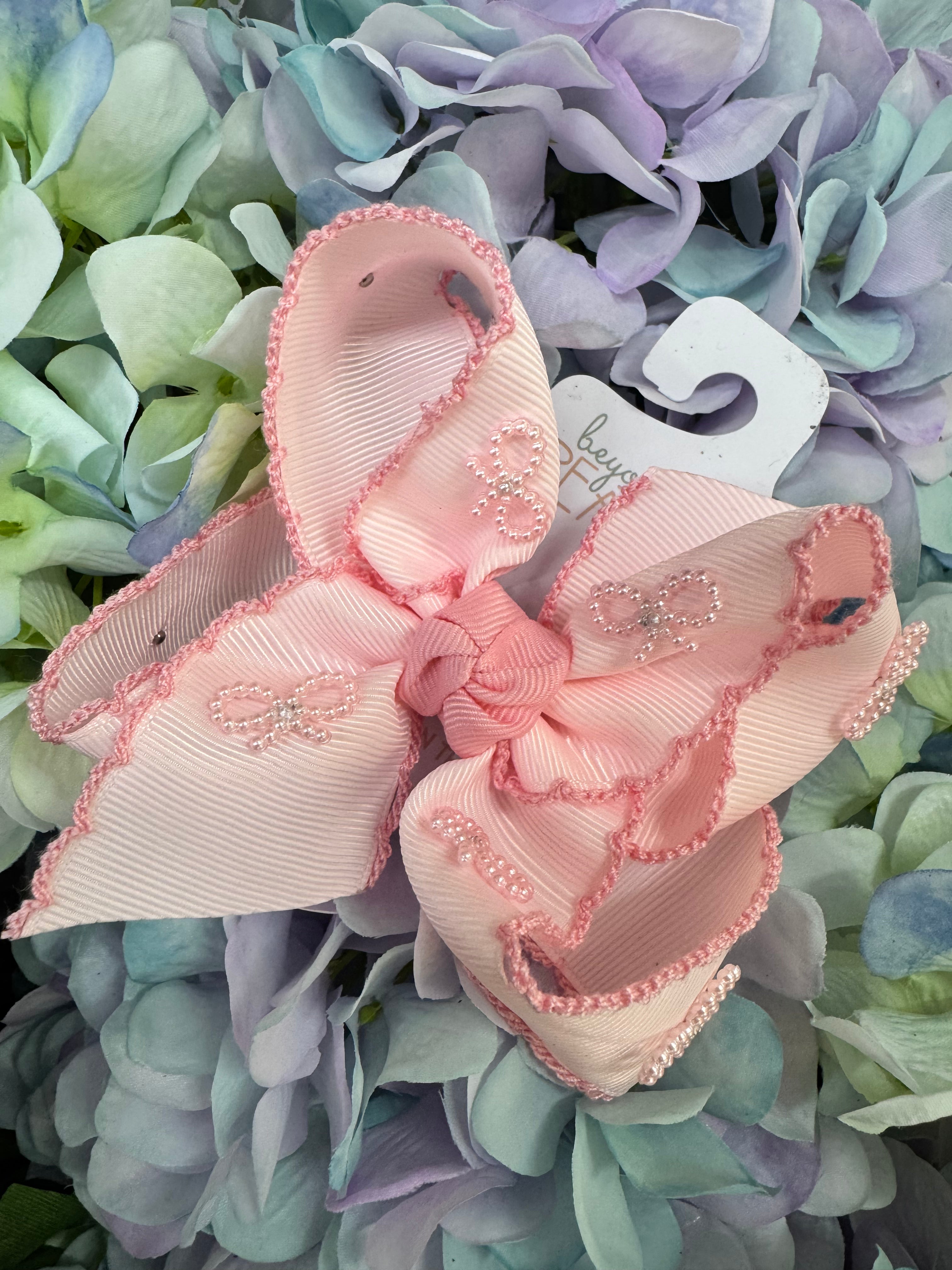 Pink beaded bow 4.5 inch