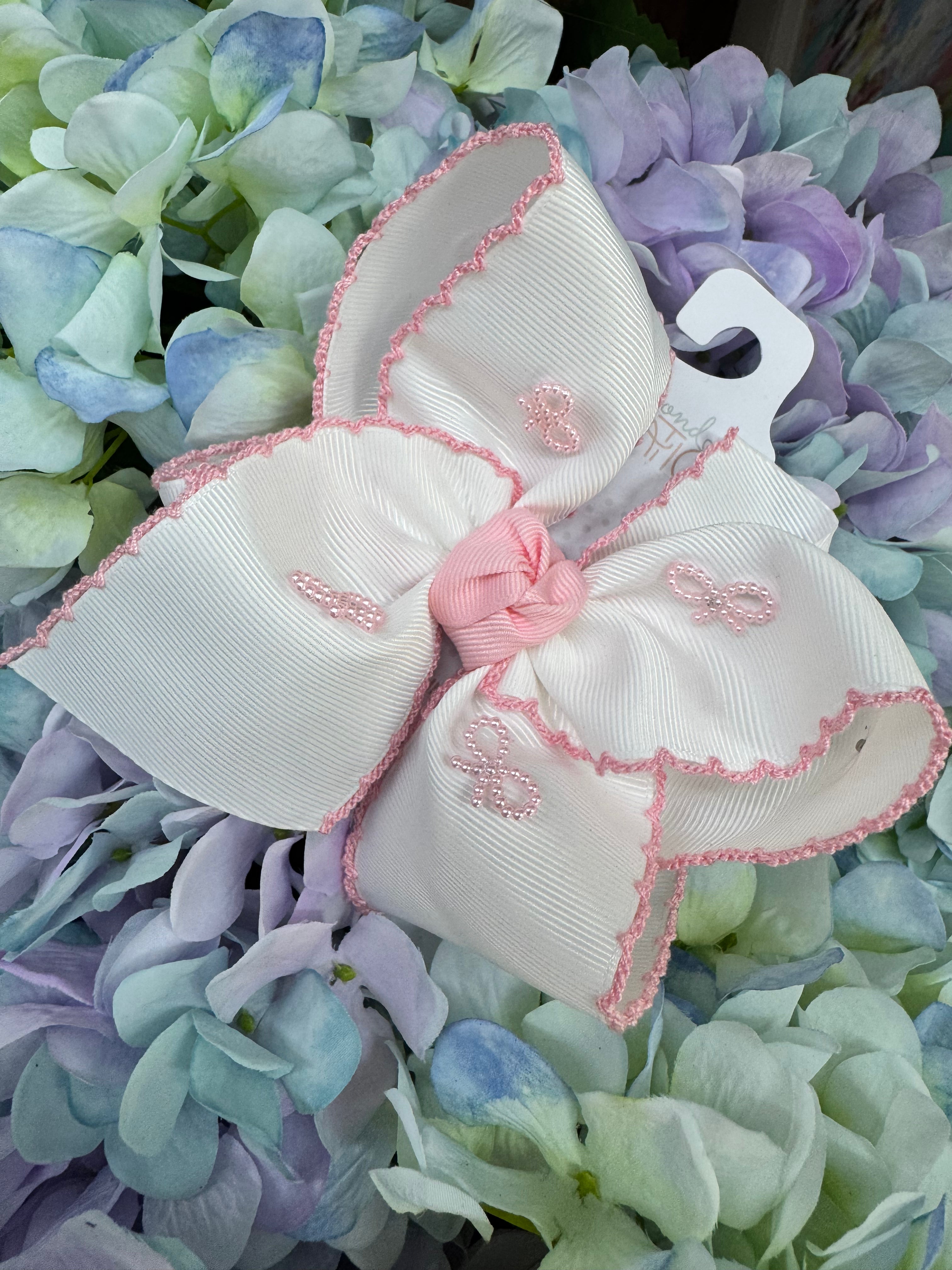 White / pink beaded bow 5.5 inch